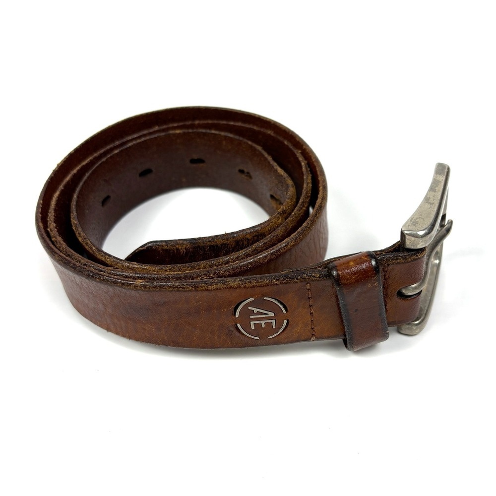 VTG Y2K American Eagle Distressed Leather Belt Mens Sz 34 Brown Silver Tone